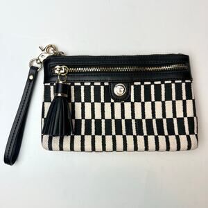 Spartina 449 West Bluff Linen & Leather Wristlet Clutch Black Cream Geometric